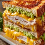 Close-up of a Turkey Guacamole Grilled Cheese Sandwich with golden toasted sourdough, melted cheddar cheese, bright green guacamole, and sliced turkey breast, plated diagonally on a white rectangular plate