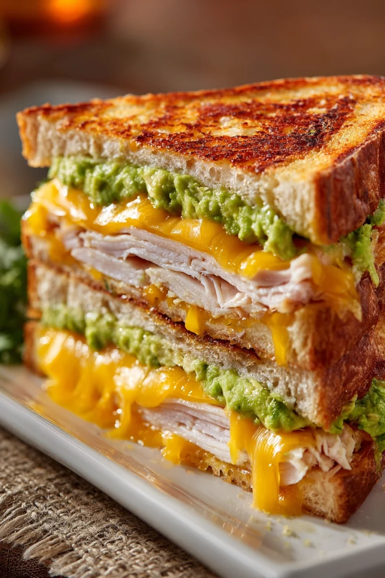 Close-up of a Turkey Guacamole Grilled Cheese Sandwich with golden toasted sourdough, melted cheddar cheese, bright green guacamole, and sliced turkey breast, plated diagonally on a white rectangular plate
