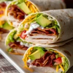 Close-up of turkey ranch club wraps cut diagonally, stacked on a white plate, showing layers of sliced turkey, crispy bacon, lettuce, tomato, avocado, cheddar cheese, and ranch dressing inside soft flour tortillas