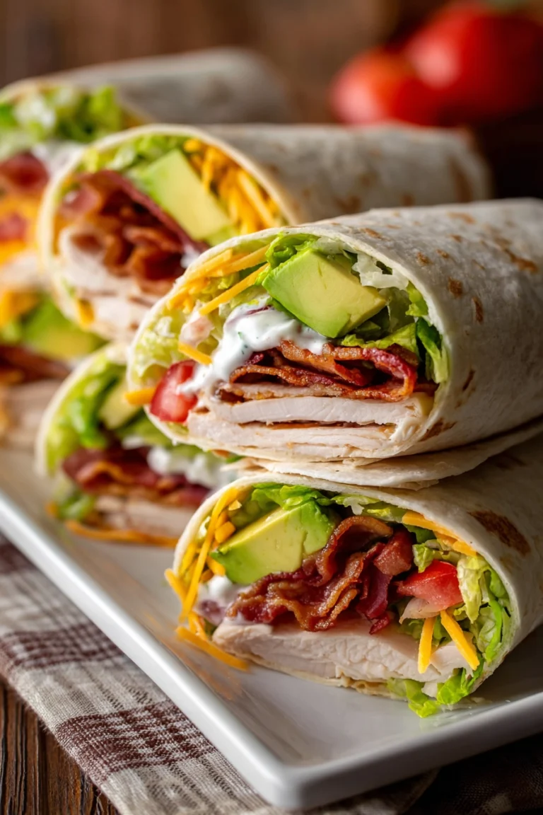 Close-up of turkey ranch club wraps cut diagonally, stacked on a white plate, showing layers of sliced turkey, crispy bacon, lettuce, tomato, avocado, cheddar cheese, and ranch dressing inside soft flour tortillas