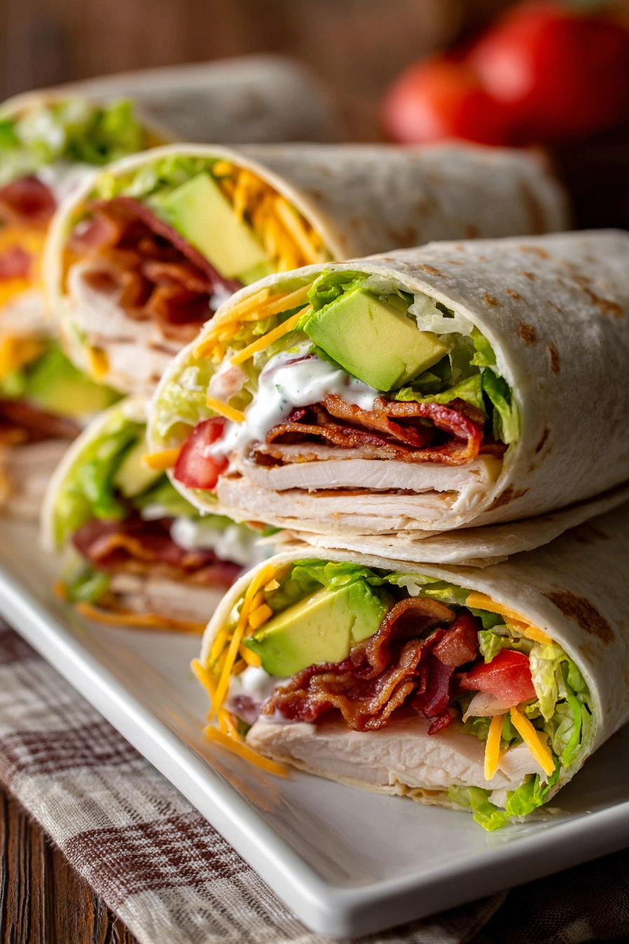 Close-up of turkey ranch club wraps cut diagonally, stacked on a white plate, showing layers of sliced turkey, crispy bacon, lettuce, tomato, avocado, cheddar cheese, and ranch dressing inside soft flour tortillas