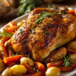 Close-up of whole roasted chicken with crispy golden brown skin, surrounded by roasted carrots and halved baby potatoes on a white oval platter, garnished with fresh rosemary and thyme, rustic kitchen setting with warm natural lighting.