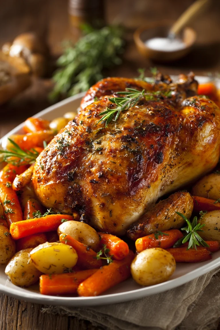 Close-up of whole roasted chicken with crispy golden brown skin, surrounded by roasted carrots and halved baby potatoes on a white oval platter, garnished with fresh rosemary and thyme, rustic kitchen setting with warm natural lighting.