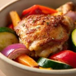 Close-up of a delicious air fryer chicken thigh meal with crispy skin and herbs.
