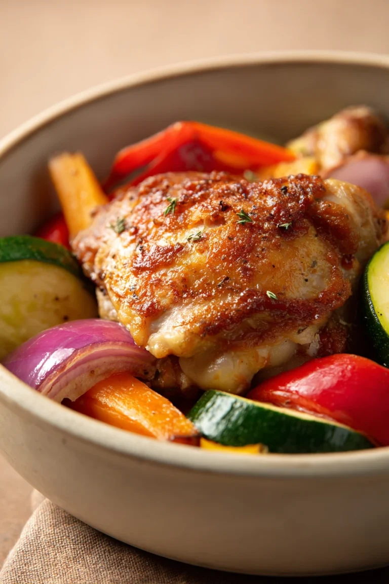 Close-up of a delicious air fryer chicken thigh meal with crispy skin and herbs.