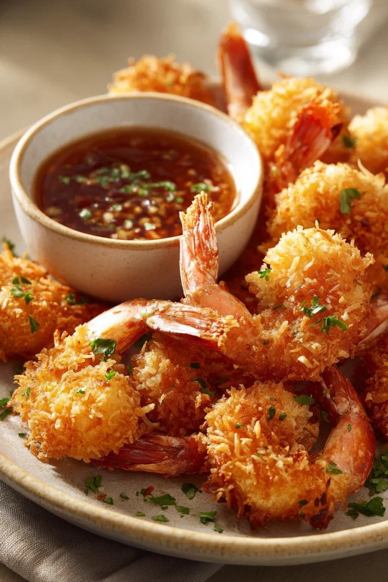 Close-up of air fryer coconut shrimp with dipping sauce on a clean background