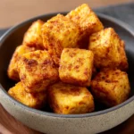 Close-up of air fryer crispy tofu with a golden brown texture on a clean white plate.