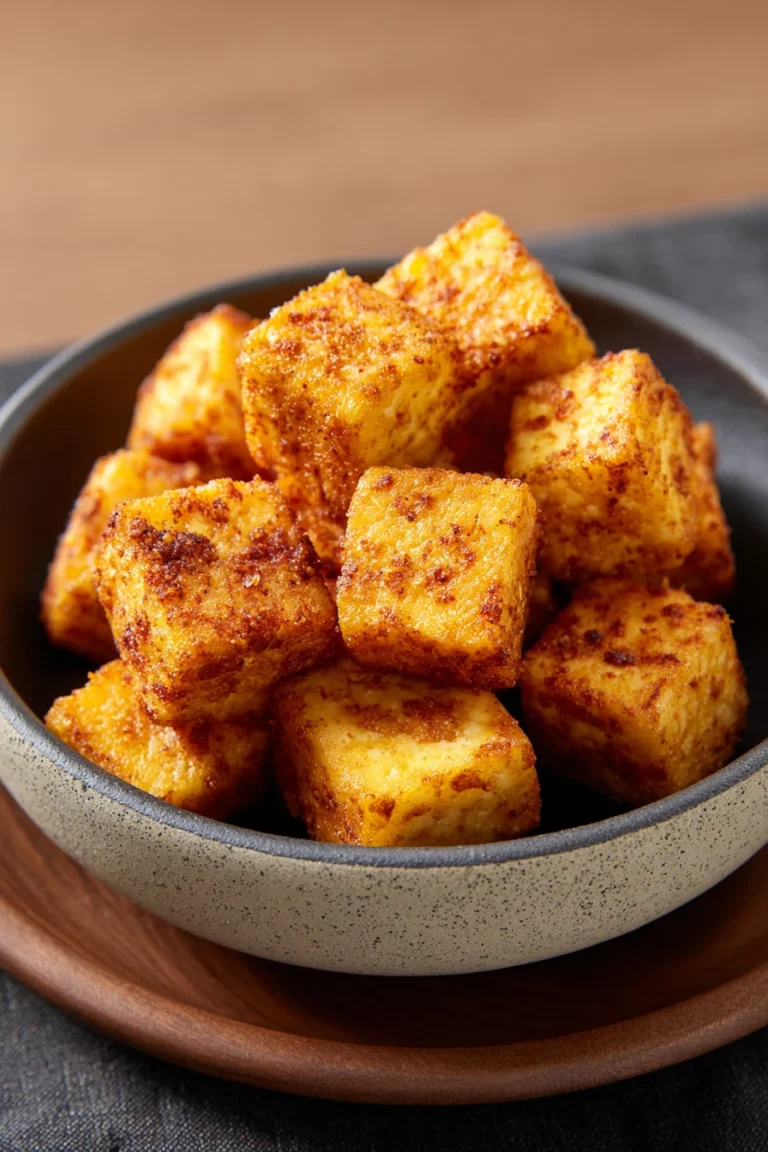 Close-up of air fryer crispy tofu with a golden brown texture on a clean white plate.
