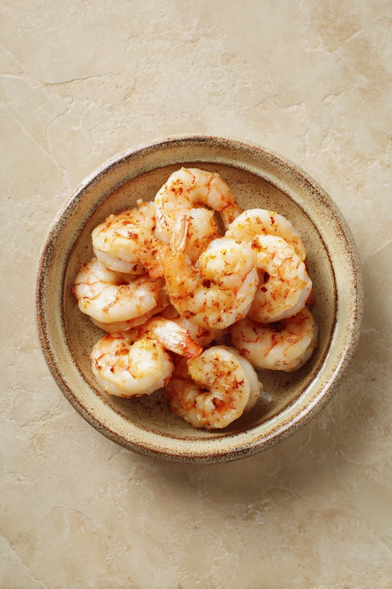 Close-up of air fryer frozen jumbo butterfly shrimp with crispy golden texture