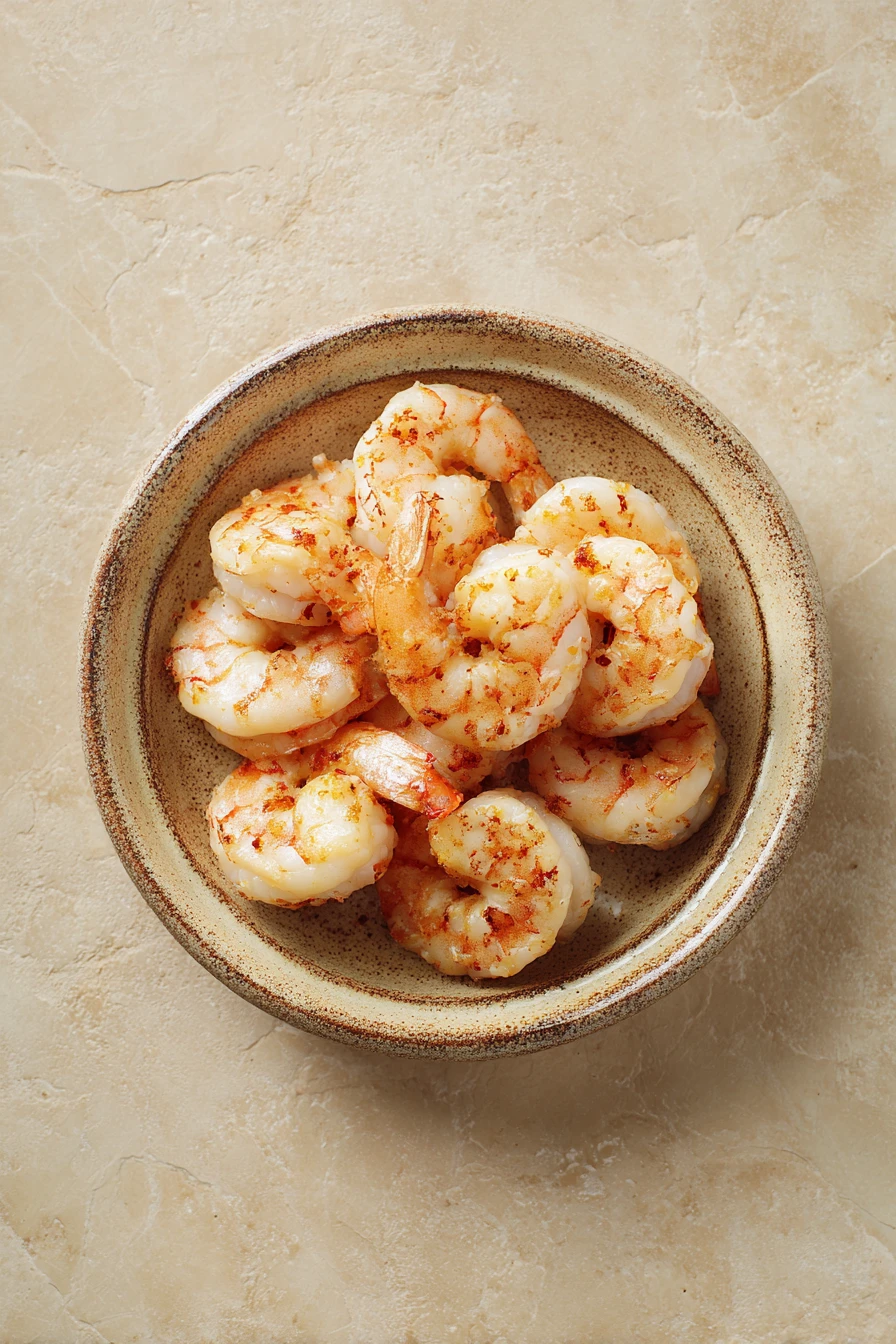 Close-up of air fryer frozen jumbo butterfly shrimp with crispy golden texture