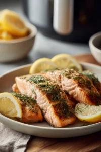 Close-up of air fryer salmon garnished with fresh dill on a white plate