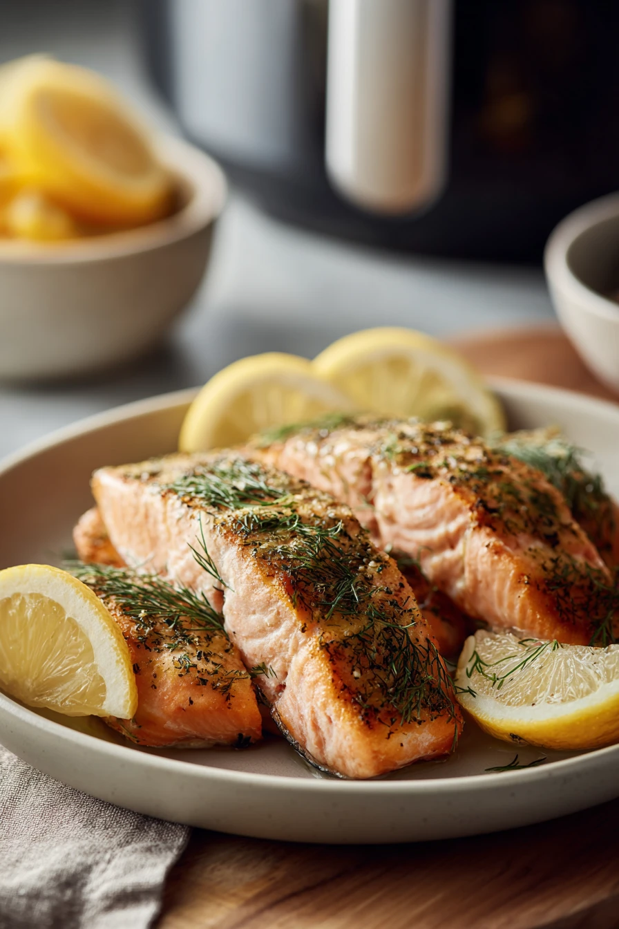 Close-up of air fryer salmon garnished with fresh dill on a white plate
