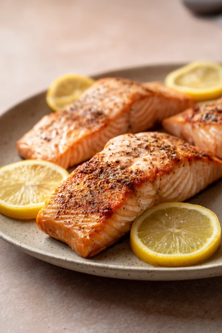 Close-up of air fryer salmon fillets with a golden crust on a clean white plate.