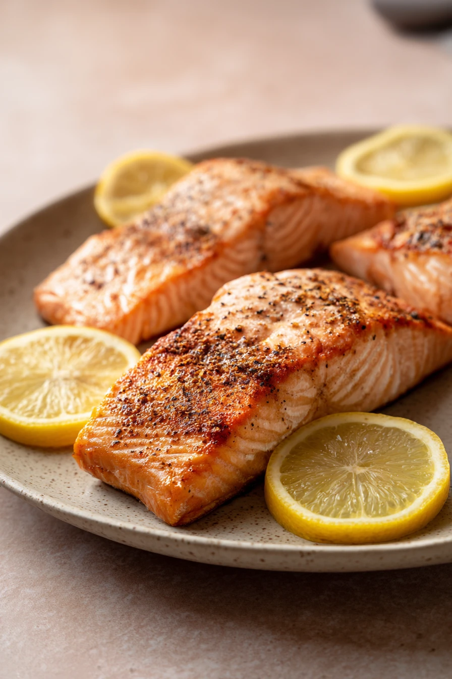 Close-up of air fryer salmon fillets with a golden crust on a clean white plate.