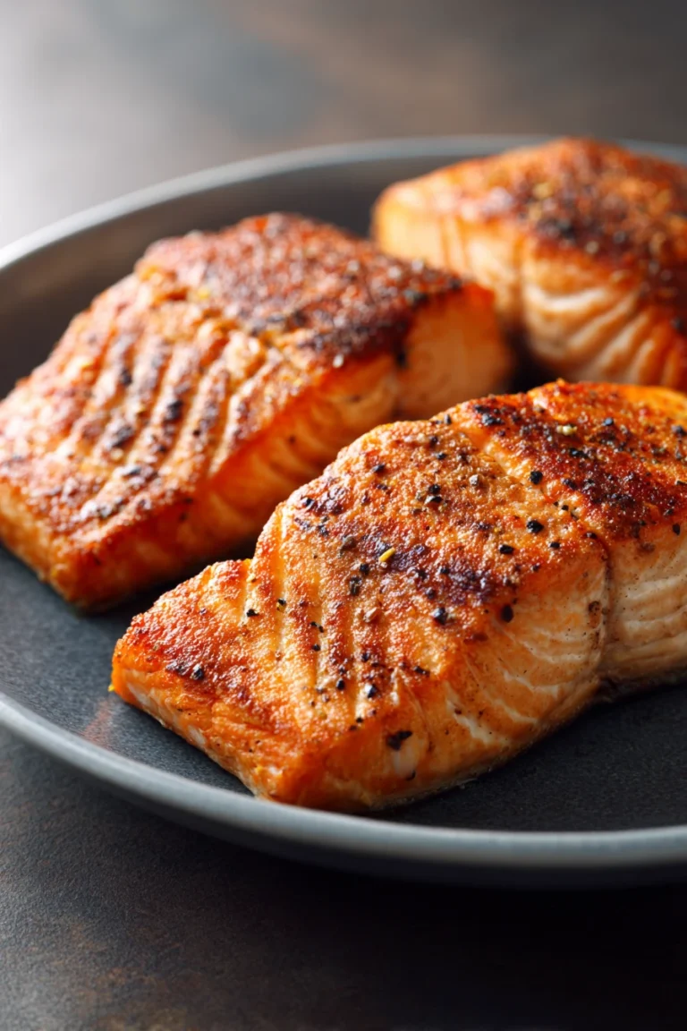 Close-up of air fryer salmon fillets with a golden crust on a clean white plate.
