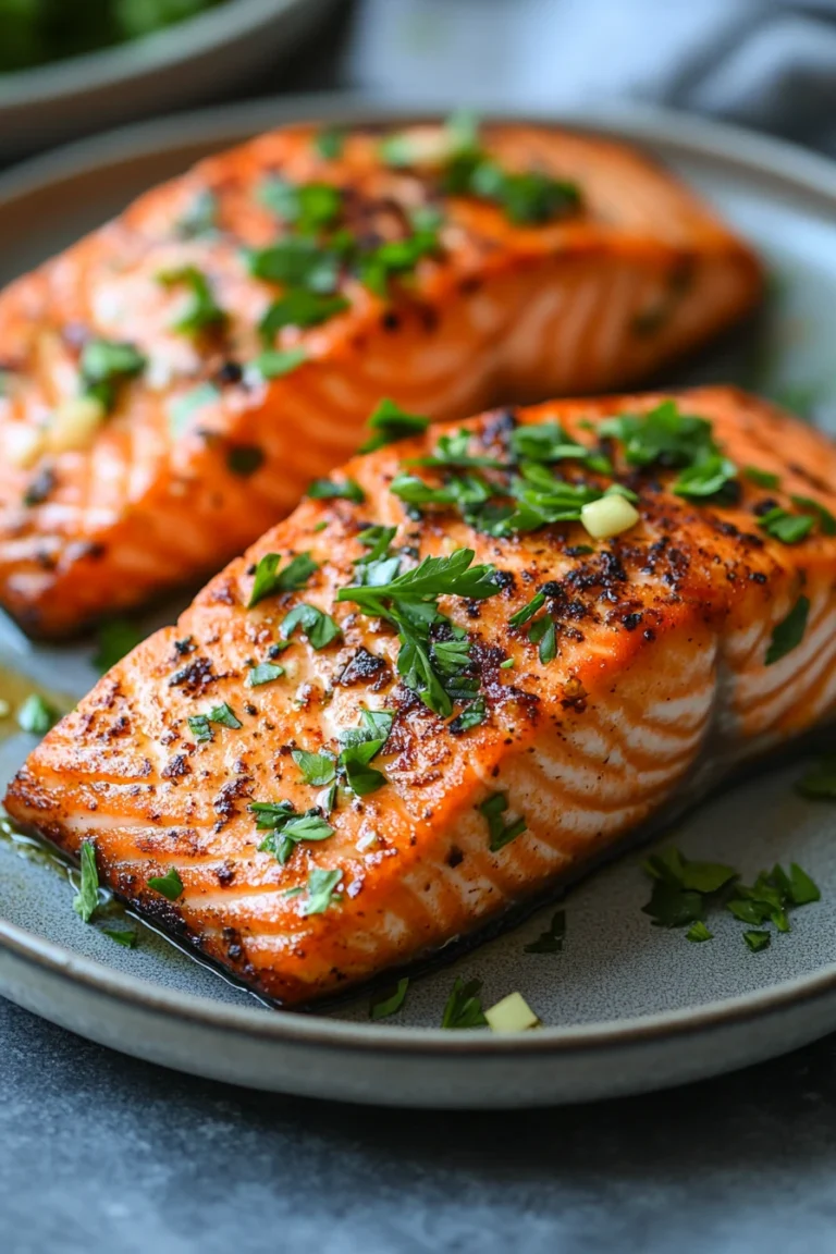 Close-up of air fryer salmon with garlic and creamy sauce on a white plate
