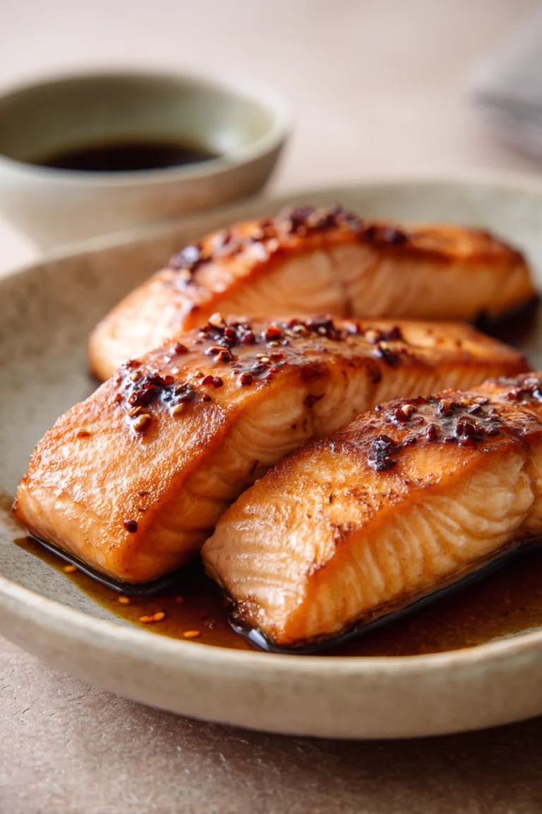 Close-up of air fryer salmon with honey soy sauce, garnished with sesame seeds and green onions.