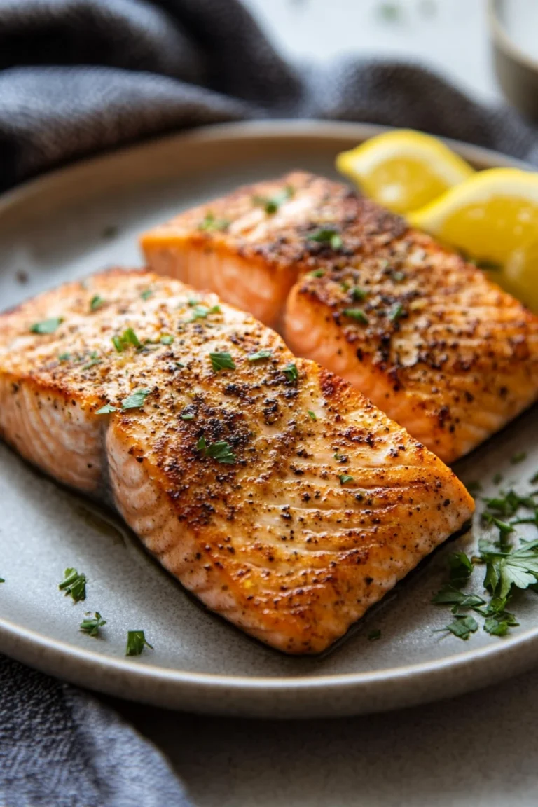 Close-up of air fryer salmon with a golden crust, garnished with herbs, on a white plate.