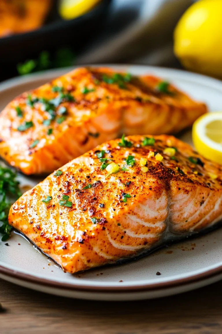 Close-up of air fryer salmon with no oil, garnished with herbs on a white plate.