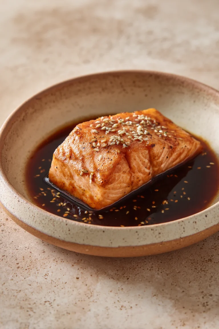 Close-up of air fryer salmon with soy sauce garnished with herbs on a white plate