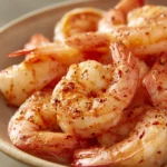 Close-up of air fryer shrimp with Cajun seasoning on a clean white plate.