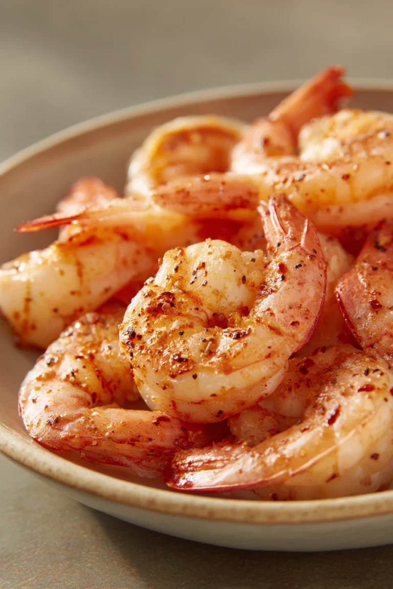 Close-up of air fryer shrimp with Cajun seasoning on a clean white plate.
