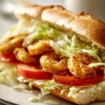 Close-up of an air fryer shrimp po boy sandwich with crispy shrimp and fresh toppings.
