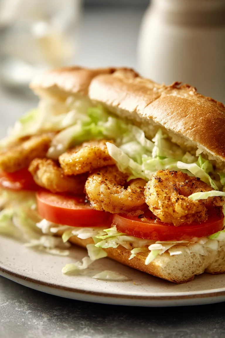 Close-up of an air fryer shrimp po boy sandwich with crispy shrimp and fresh toppings.