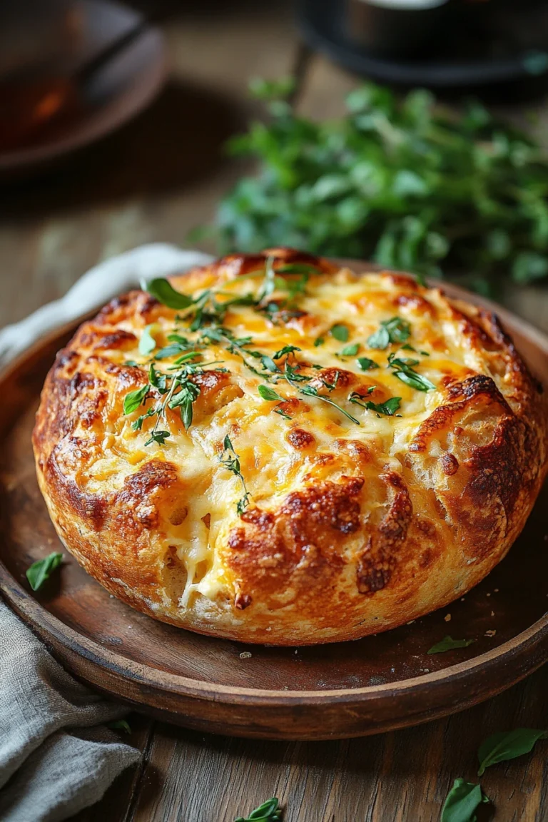 Close-up of Andy's East Coast Kitchen no knead cheese bread with a golden crust