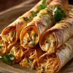 Close-up of baked chicken taquitos with golden crispy shells and a hint of creamy filling.
