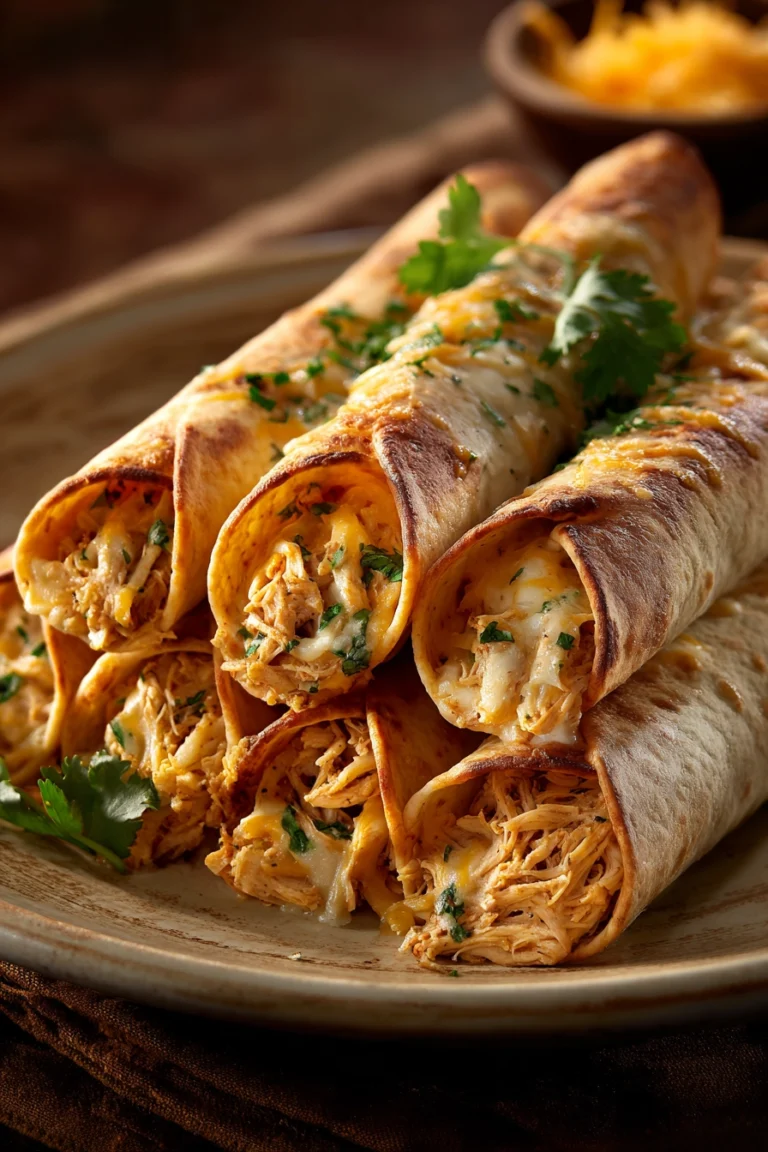 Close-up of baked chicken taquitos with golden crispy shells and a hint of creamy filling.