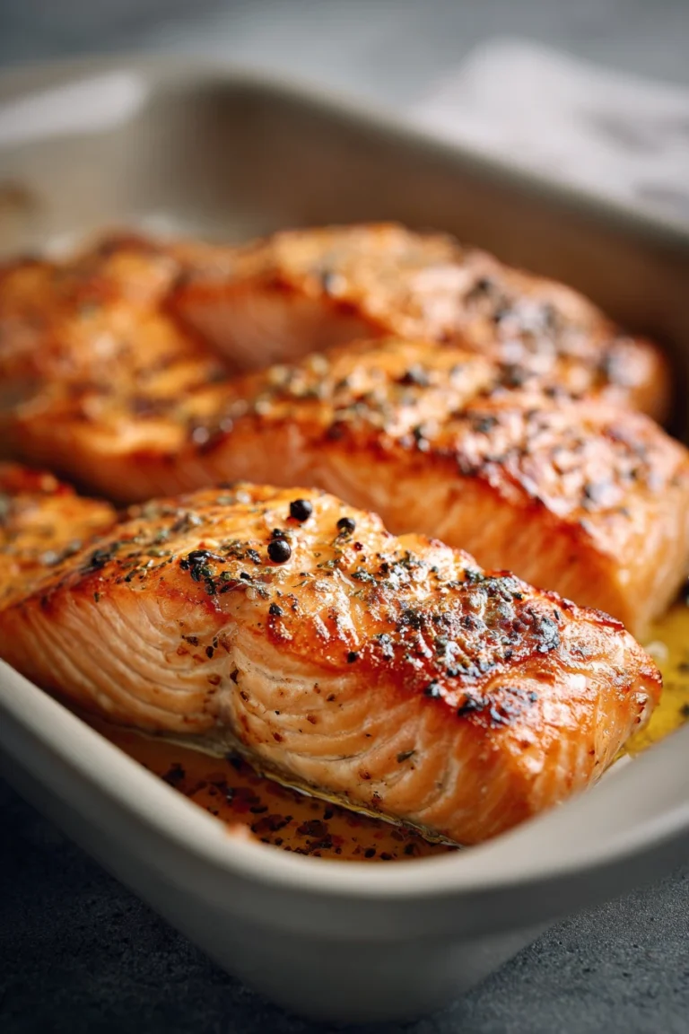 Close-up of baked creamy salmon with a golden crust and herbs on a white plate