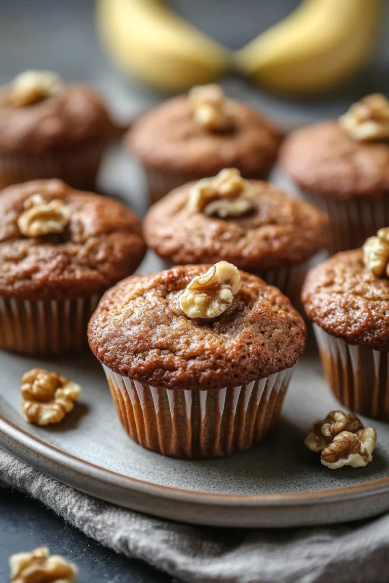 Close-up of banana bread cupcakes with a light, fluffy texture and golden brown tops.