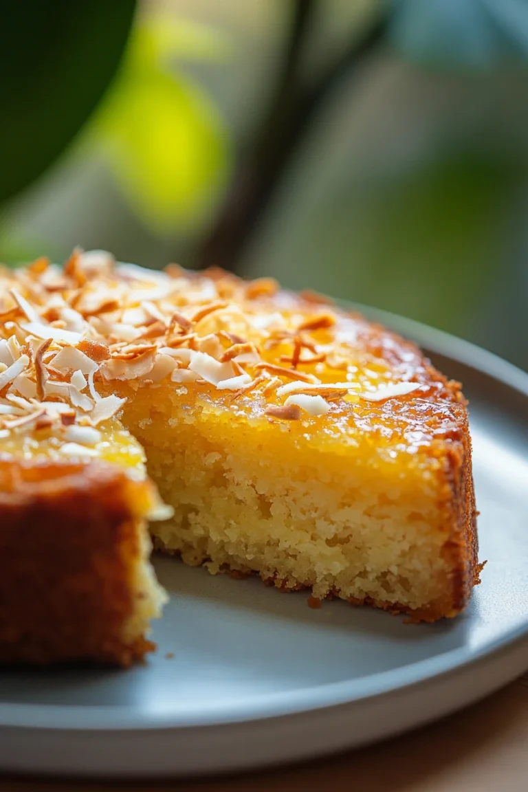 Close-up of a delicious banana cake with a golden crust on a clean white plate.