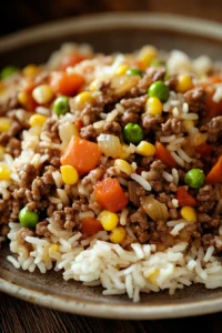 Close-up of a beef and rice freezer meal with bright natural lighting and minimal background.