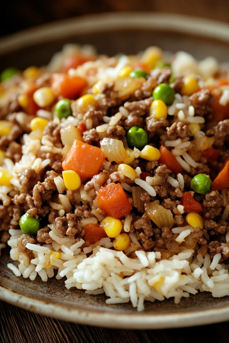 Close-up of a beef and rice freezer meal with bright natural lighting and minimal background.