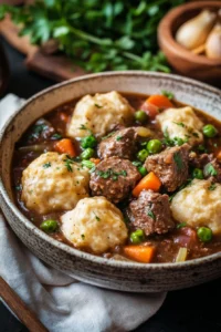 Close-up of beef casserole and dumplings with a warm, appetizing appearance.
