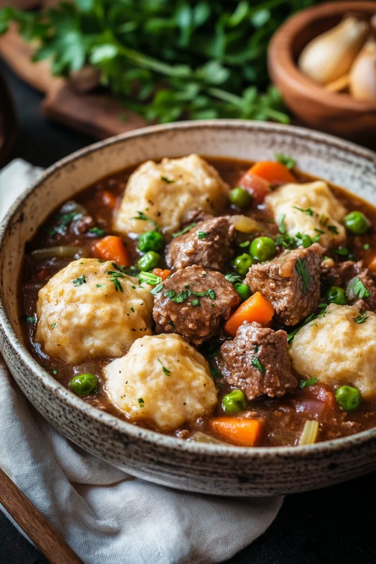Close-up of beef casserole and dumplings with a warm, appetizing appearance.