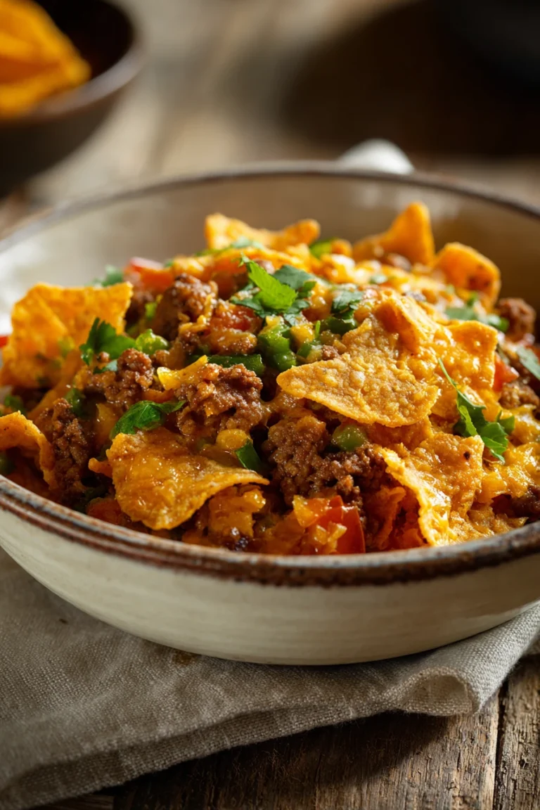 Close-up of a beef casserole with ground beef and Doritos, topped with melted cheese.