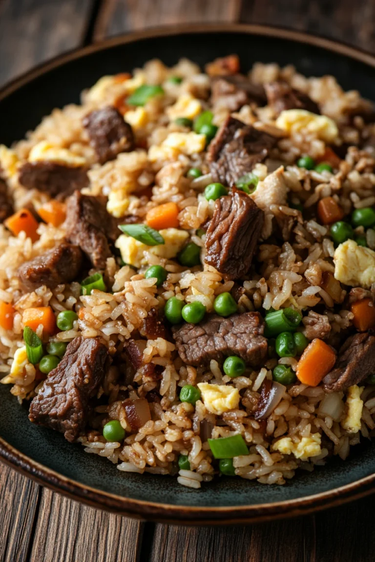Close-up of beef chicken fried rice with vibrant vegetables and a clean background.