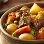 Close-up of a hearty beef stew in a crock pot with tender beef chunks and vegetables.