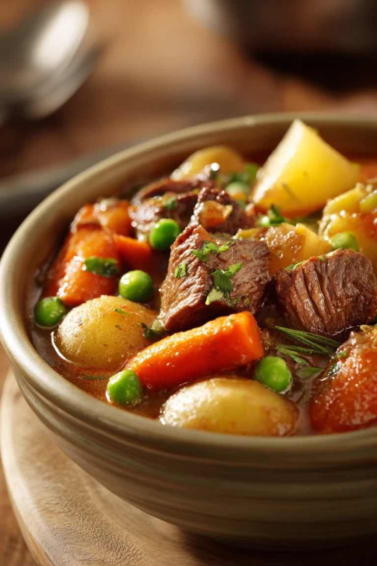 Close-up of a hearty beef stew in a crock pot with tender beef chunks and vegetables.