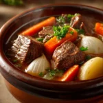 Close-up of beef stew in a pressure cooker with visible beef chunks and vegetables.