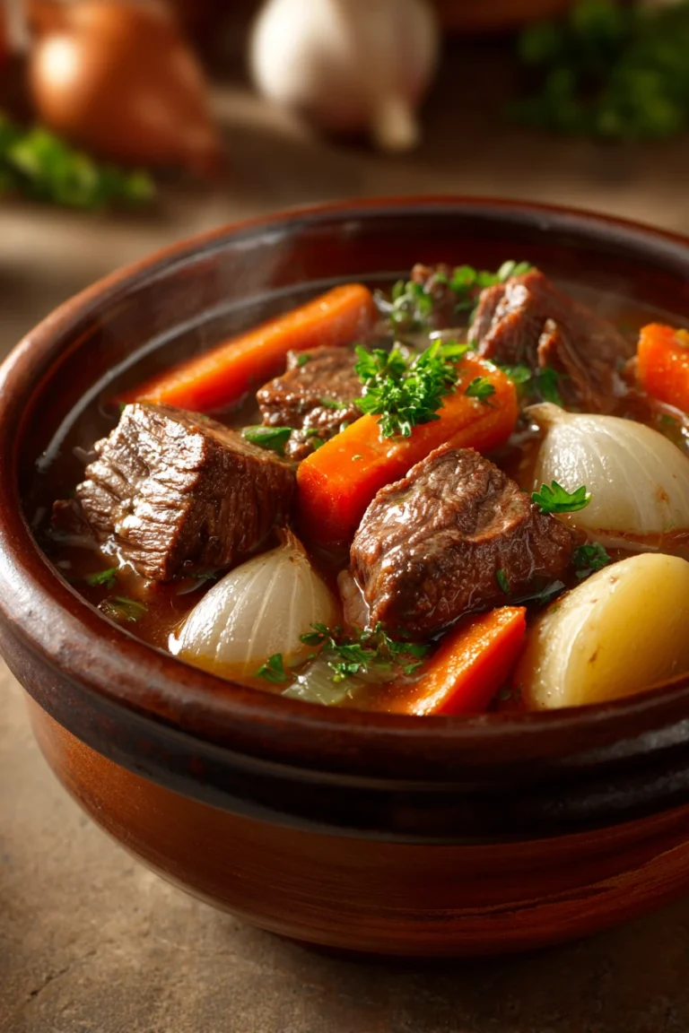Close-up of beef stew in a pressure cooker with visible beef chunks and vegetables.
