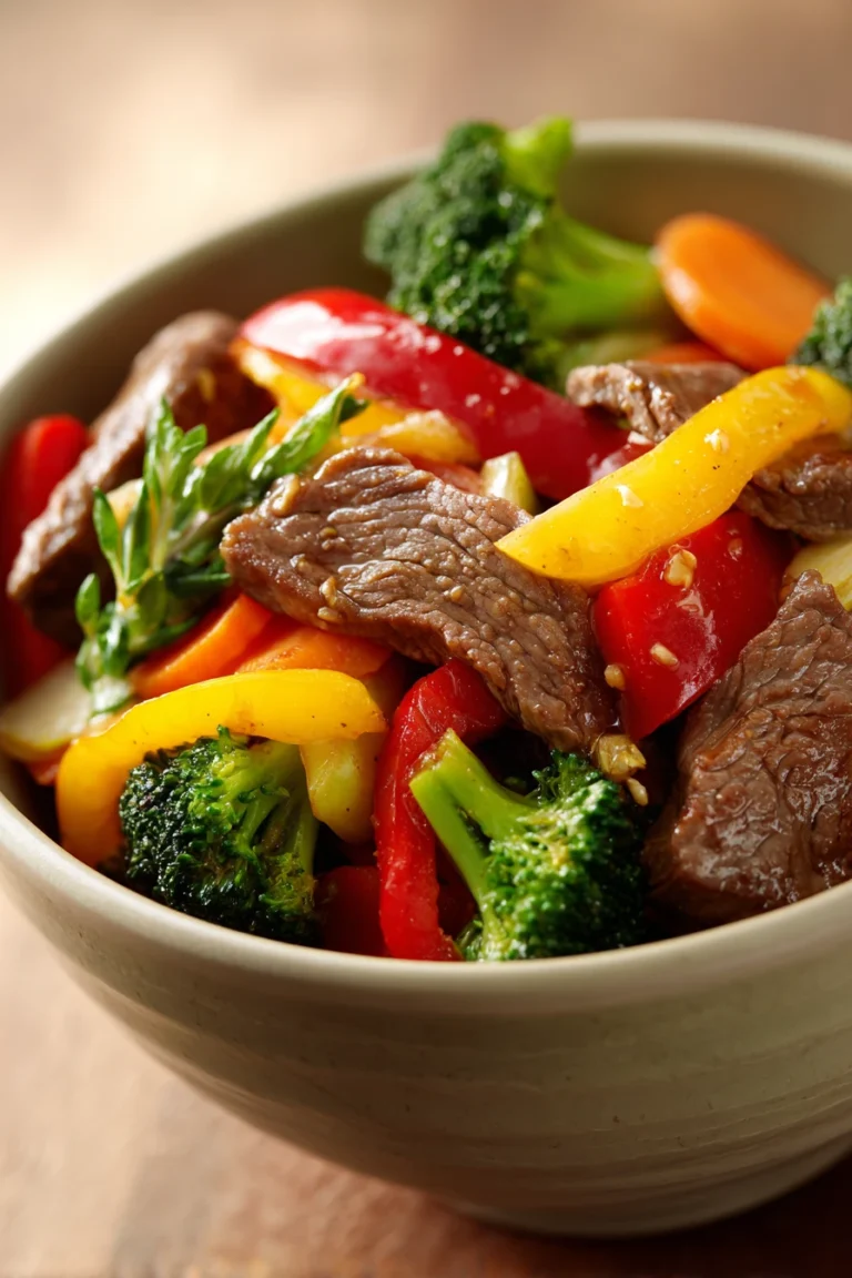 Close-up of a colorful beef stir fry dinner with vegetables on a clean plate.