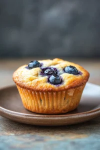 Close-up of a blueberry protein muffin with visible blueberries and a golden-brown top.