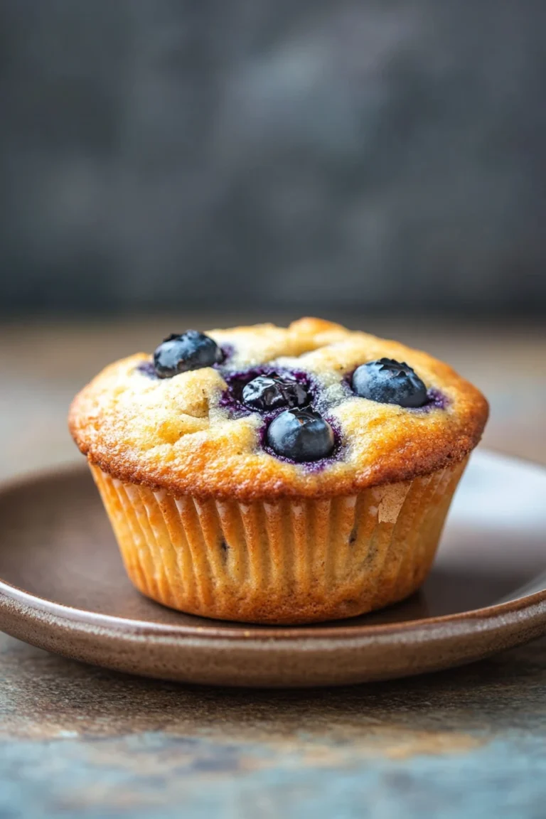 Close-up of a blueberry protein muffin with visible blueberries and a golden-brown top.