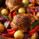 Close-up of bone-in chicken thigh sheet pan dinner with golden brown skin and herbs