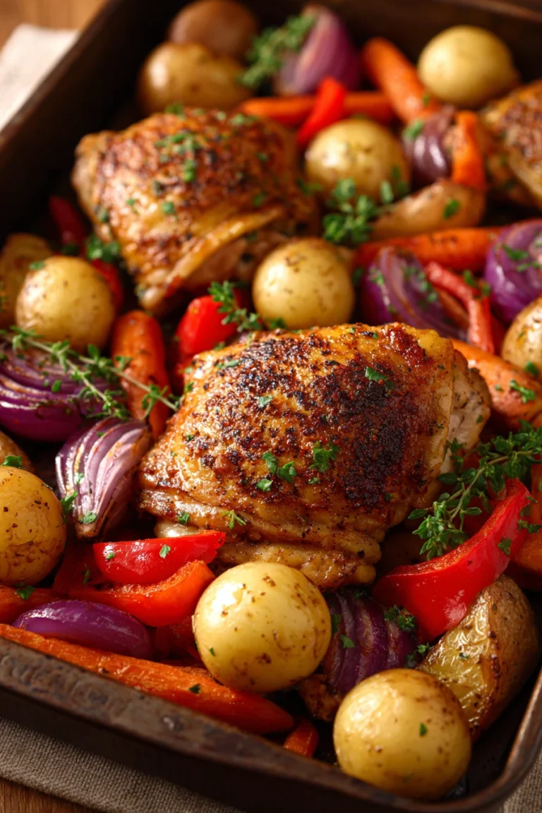 Close-up of bone-in chicken thigh sheet pan dinner with golden brown skin and herbs
