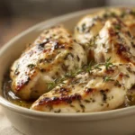 Close-up of Boursin Chicken with Garlic and Herbs, showcasing juicy chicken and fresh herbs.
